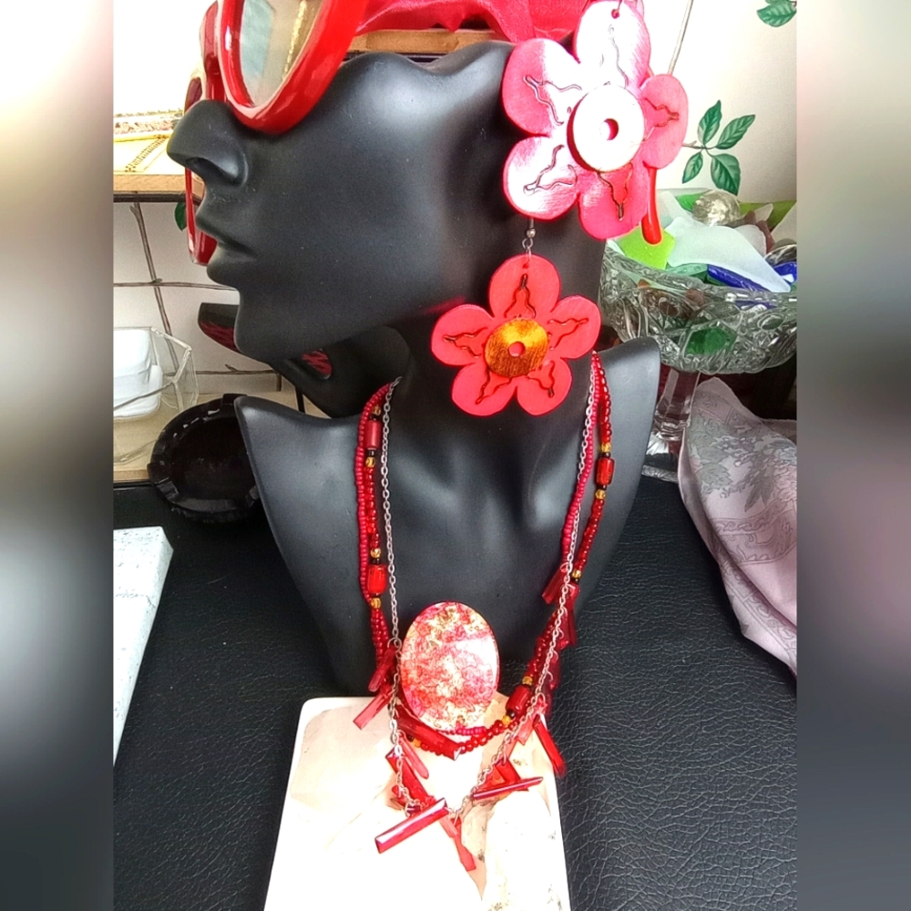 Red Lot Glass & Acrylic Necklaces, Painted Flower Dangle Earrings, Fashion Ring